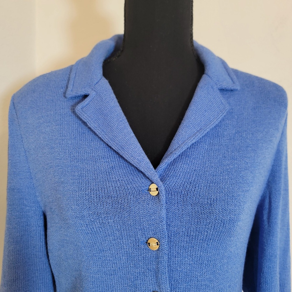 Y2K St. John Collection Santana Knit Blue Blazer Button Front Gold Academia Sz 8 - Picture 3 of 16